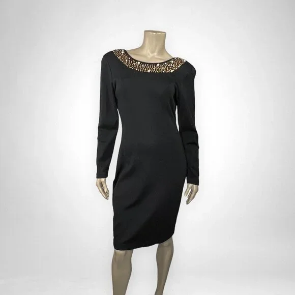 Vintage 80s Medium Long Sleeve Gold‎ Beaded Cocktail Dress